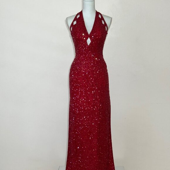 Scala Red Beaded and Sequin Halter Gown Size M - Picture 6 of 9